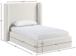 Meridian Furniture Kendall Winged Upholstered Twin Bed with Slatted Platform Base for Modern Bedrooms Cream Linen Textured Fabric B1282Cream-T