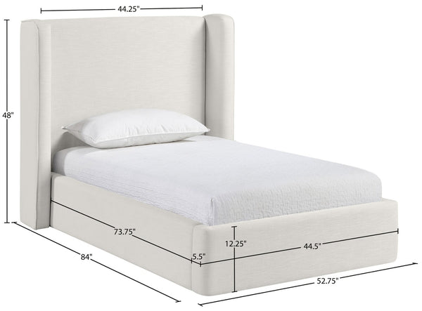 Meridian Furniture Kendall Winged Upholstered Twin Bed with Slatted Platform Base for Modern Bedrooms Cream Linen Textured Fabric B1282Cream-T