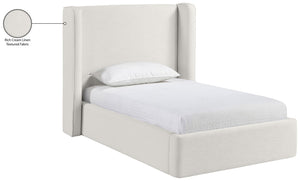 Meridian Furniture Kendall Winged Upholstered Twin Bed with Slatted Platform Base for Modern Bedrooms Cream Linen Textured Fabric B1282Cream-T