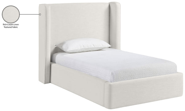 Meridian Furniture Kendall Winged Upholstered Twin Bed with Slatted Platform Base for Modern Bedrooms Cream Linen Textured Fabric B1282Cream-T