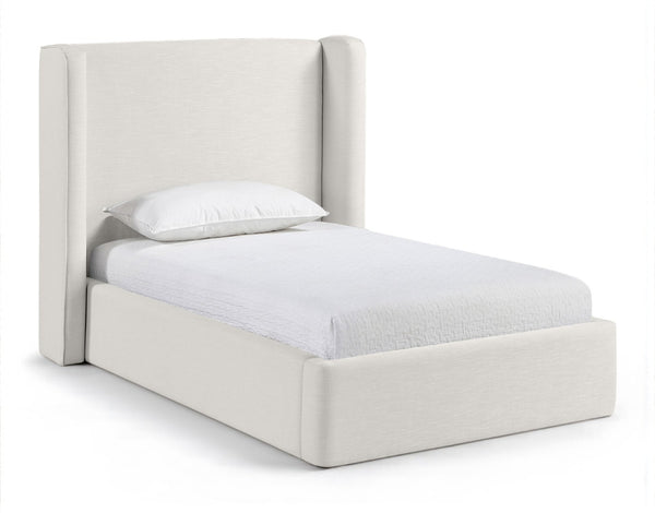 Meridian Furniture Kendall Winged Upholstered Twin Bed with Slatted Platform Base for Modern Bedrooms Cream Linen Textured Fabric B1282Cream-T