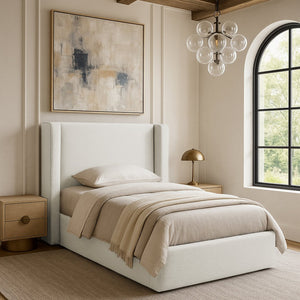 Meridian Furniture Kendall Winged Upholstered Twin Bed with Slatted Platform Base for Modern Bedrooms Cream Linen Textured Fabric B1282Cream-T