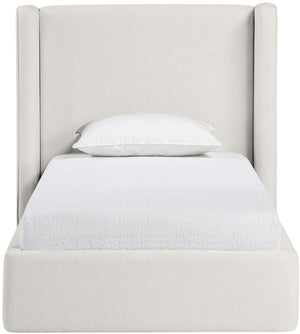 Meridian Furniture Kendall Winged Upholstered Twin Bed with Slatted Platform Base for Modern Bedrooms Cream Linen Textured Fabric B1282Cream-T