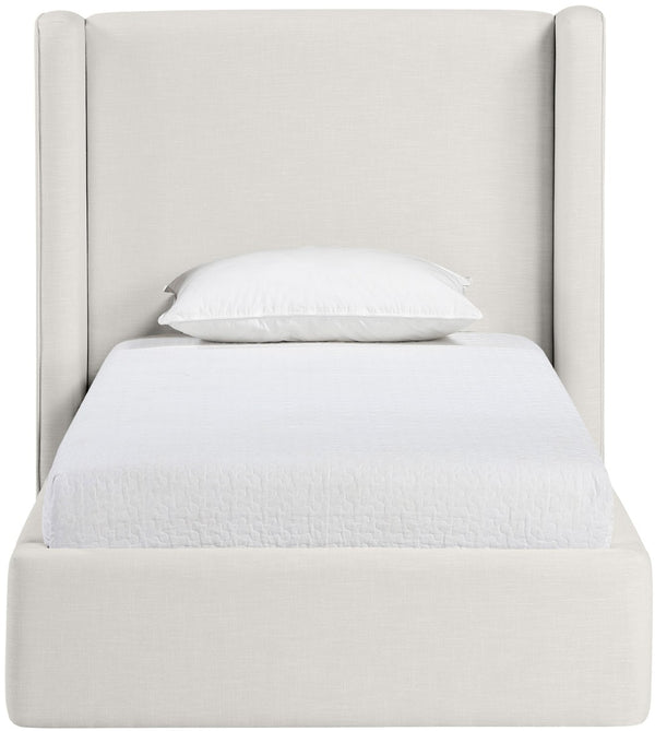 Meridian Furniture Kendall Winged Upholstered Twin Bed with Slatted Platform Base for Modern Bedrooms Cream Linen Textured Fabric B1282Cream-T