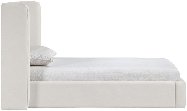Meridian Furniture Kendall Winged Upholstered Twin Bed with Slatted Platform Base for Modern Bedrooms Cream Linen Textured Fabric B1282Cream-T