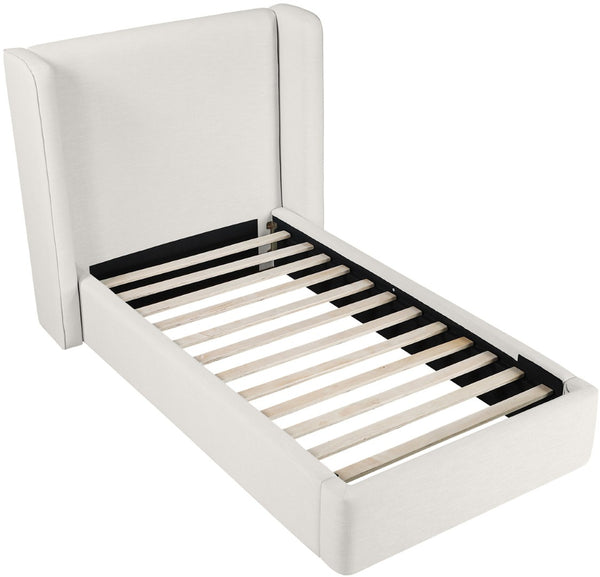 Meridian Furniture Kendall Winged Upholstered Twin Bed with Slatted Platform Base for Modern Bedrooms Cream Linen Textured Fabric B1282Cream-T
