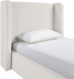Meridian Furniture Kendall Winged Upholstered Twin Bed with Slatted Platform Base for Modern Bedrooms Cream Linen Textured Fabric B1282Cream-T