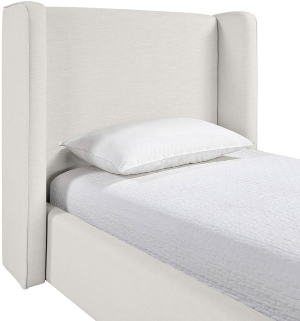 Meridian Furniture Kendall Winged Upholstered Twin Bed with Slatted Platform Base for Modern Bedrooms Cream Linen Textured Fabric B1282Cream-T