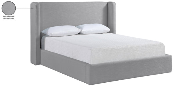 Meridian Furniture Kendall Winged Upholstered Full Bed in Grey Linen Fabric for Modern Bedrooms B1282Grey-F
