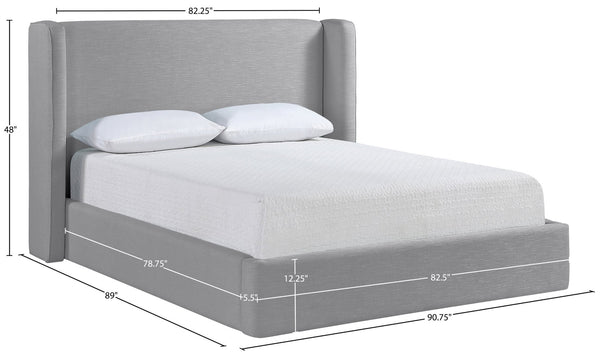 Meridian Furniture Kendall Winged Upholstered King Bed with Slatted Platform Base for Modern Bedroom Elegance Grey Linen Textured Fabric B1282Grey-K