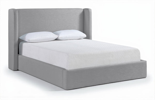 Meridian Furniture Kendall Winged Queen Bed Fully Upholstered Tailored Frame for Modern Bedroom Styling Grey Linen Textured Fabric B1282Grey-Q
