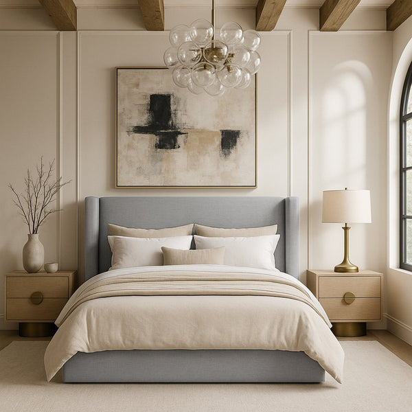 Meridian Furniture Kendall Winged Queen Bed Fully Upholstered Tailored Frame for Modern Bedroom Styling Grey Linen Textured Fabric B1282Grey-Q