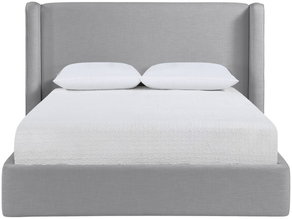 Meridian Furniture Kendall Winged Queen Bed Fully Upholstered Tailored Frame for Modern Bedroom Styling Grey Linen Textured Fabric B1282Grey-Q