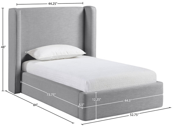 Meridian Furniture Kendall Winged Upholstered Twin Bed with Slatted Platform Base for Modern Bedrooms Grey Linen Textured Fabric B1282Grey-T