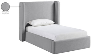 Meridian Furniture Kendall Winged Upholstered Twin Bed with Slatted Platform Base for Modern Bedrooms Grey Linen Textured Fabric B1282Grey-T