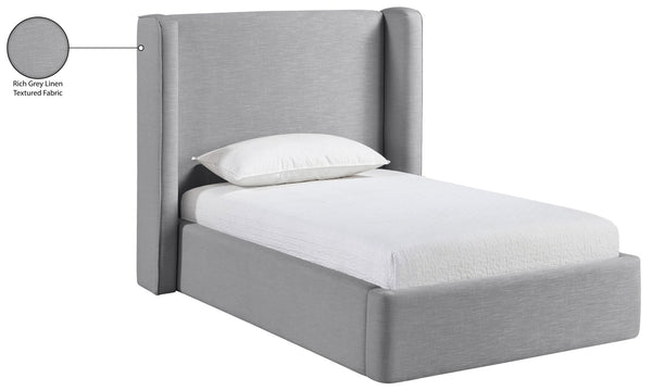 Meridian Furniture Kendall Winged Upholstered Twin Bed with Slatted Platform Base for Modern Bedrooms Grey Linen Textured Fabric B1282Grey-T