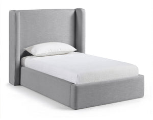 Meridian Furniture Kendall Winged Upholstered Twin Bed with Slatted Platform Base for Modern Bedrooms Grey Linen Textured Fabric B1282Grey-T
