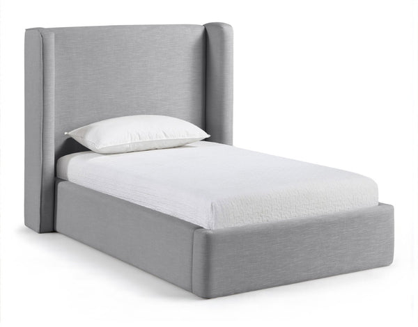 Meridian Furniture Kendall Winged Upholstered Twin Bed with Slatted Platform Base for Modern Bedrooms Grey Linen Textured Fabric B1282Grey-T