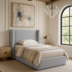 Meridian Furniture Kendall Winged Upholstered Twin Bed with Slatted Platform Base for Modern Bedrooms Grey Linen Textured Fabric B1282Grey-T