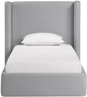 Meridian Furniture Kendall Winged Upholstered Twin Bed with Slatted Platform Base for Modern Bedrooms Grey Linen Textured Fabric B1282Grey-T