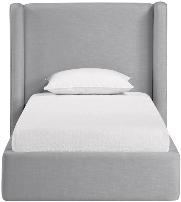 Meridian Furniture Kendall Winged Upholstered Twin Bed with Slatted Platform Base for Modern Bedrooms Grey Linen Textured Fabric B1282Grey-T