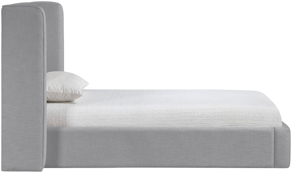 Meridian Furniture Kendall Winged Upholstered Twin Bed with Slatted Platform Base for Modern Bedrooms Grey Linen Textured Fabric B1282Grey-T