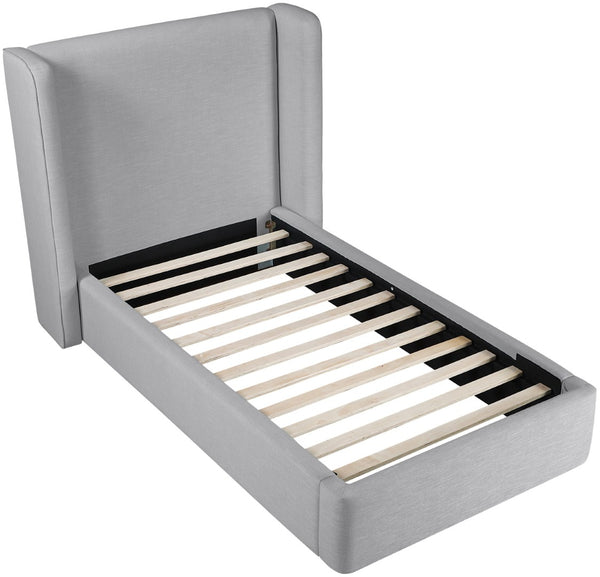 Meridian Furniture Kendall Winged Upholstered Twin Bed with Slatted Platform Base for Modern Bedrooms Grey Linen Textured Fabric B1282Grey-T