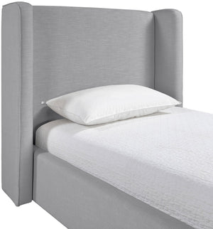 Meridian Furniture Kendall Winged Upholstered Twin Bed with Slatted Platform Base for Modern Bedrooms Grey Linen Textured Fabric B1282Grey-T