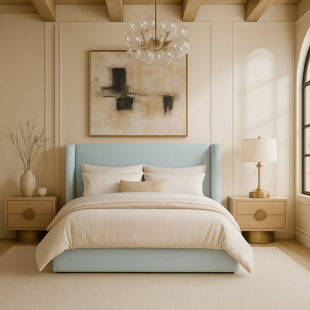 Meridian Furniture Kendall Winged Linen Upholstered Full Bed with Tailored Frame for Modern Bedrooms B1282LtBlu-F