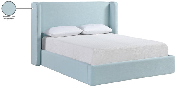 Meridian Furniture Kendall Winged Upholstered King Bed with Slatted Platform Base for Modern Bedroom Elegance Light Blue Linen Textured Fabric B1282LtBlu-K