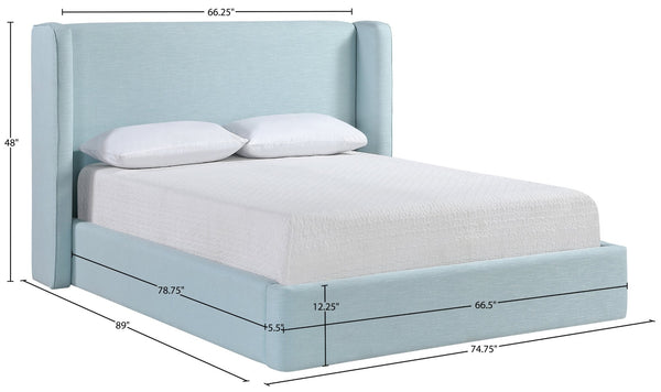 Meridian Furniture Kendall Winged Queen Bed Fully Upholstered Tailored Frame for Modern Bedroom Styling Light Blue Linen Textured Fabric B1282LtBlu-Q