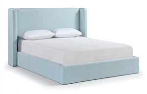Meridian Furniture Kendall Winged Queen Bed Fully Upholstered Tailored Frame for Modern Bedroom Styling Light Blue Linen Textured Fabric B1282LtBlu-Q