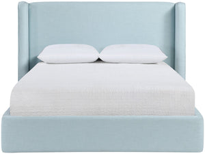 Meridian Furniture Kendall Winged Queen Bed Fully Upholstered Tailored Frame for Modern Bedroom Styling Light Blue Linen Textured Fabric B1282LtBlu-Q