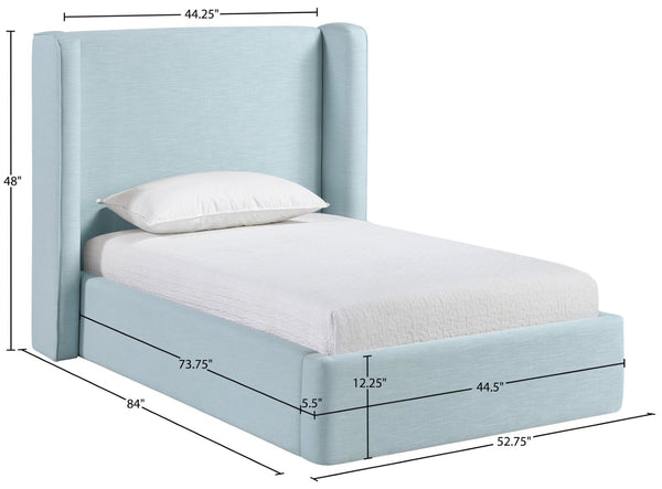 Meridian Furniture Kendall Winged Upholstered Twin Bed with Slatted Platform Base for Modern Bedrooms Light Blue Linen Textured Fabric B1282LtBlu-T
