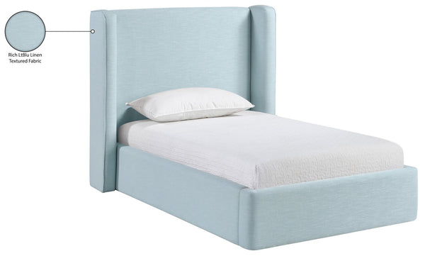 Meridian Furniture Kendall Winged Upholstered Twin Bed with Slatted Platform Base for Modern Bedrooms Light Blue Linen Textured Fabric B1282LtBlu-T