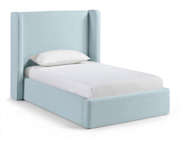 Meridian Furniture Kendall Winged Upholstered Twin Bed with Slatted Platform Base for Modern Bedrooms Light Blue Linen Textured Fabric B1282LtBlu-T