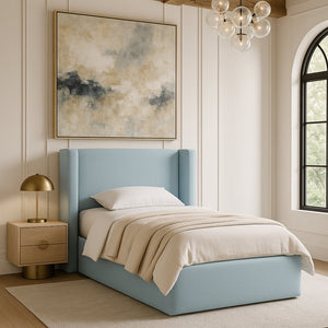 Meridian Furniture Kendall Winged Upholstered Twin Bed with Slatted Platform Base for Modern Bedrooms Light Blue Linen Textured Fabric B1282LtBlu-T