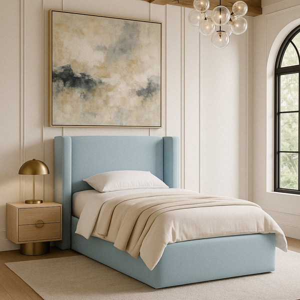 Meridian Furniture Kendall Winged Upholstered Twin Bed with Slatted Platform Base for Modern Bedrooms Light Blue Linen Textured Fabric B1282LtBlu-T