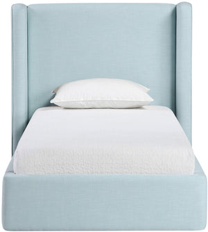 Meridian Furniture Kendall Winged Upholstered Twin Bed with Slatted Platform Base for Modern Bedrooms Light Blue Linen Textured Fabric B1282LtBlu-T