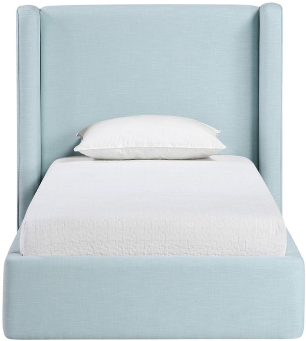 Meridian Furniture Kendall Winged Upholstered Twin Bed with Slatted Platform Base for Modern Bedrooms Light Blue Linen Textured Fabric B1282LtBlu-T