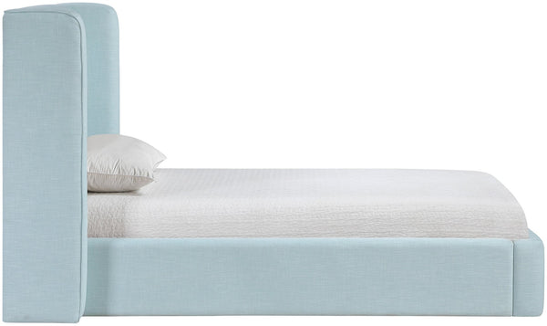 Meridian Furniture Kendall Winged Upholstered Twin Bed with Slatted Platform Base for Modern Bedrooms Light Blue Linen Textured Fabric B1282LtBlu-T