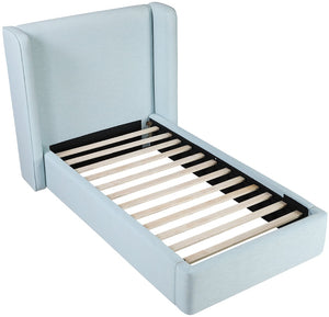 Meridian Furniture Kendall Winged Upholstered Twin Bed with Slatted Platform Base for Modern Bedrooms Light Blue Linen Textured Fabric B1282LtBlu-T