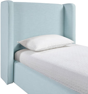 Meridian Furniture Kendall Winged Upholstered Twin Bed with Slatted Platform Base for Modern Bedrooms Light Blue Linen Textured Fabric B1282LtBlu-T