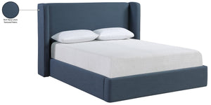Meridian Furniture Kendall Winged Upholstered King Bed with Slatted Platform Base for Modern Bedroom Elegance Navy Linen Textured Fabric B1282Navy-K