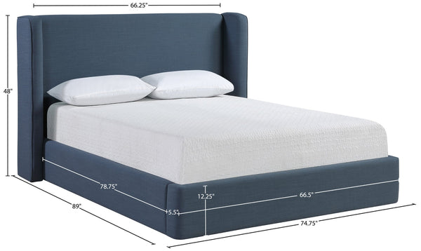 Meridian Furniture Kendall Winged Queen Bed Fully Upholstered Tailored Frame for Modern Bedroom Styling Navy Linen Textured Fabric B1282Navy-Q