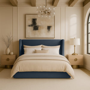 Meridian Furniture Kendall Winged Queen Bed Fully Upholstered Tailored Frame for Modern Bedroom Styling Navy Linen Textured Fabric B1282Navy-Q
