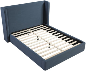 Meridian Furniture Kendall Winged Queen Bed Fully Upholstered Tailored Frame for Modern Bedroom Styling Navy Linen Textured Fabric B1282Navy-Q