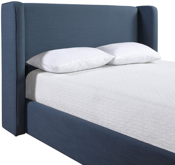 Meridian Furniture Kendall Winged Queen Bed Fully Upholstered Tailored Frame for Modern Bedroom Styling Navy Linen Textured Fabric B1282Navy-Q
