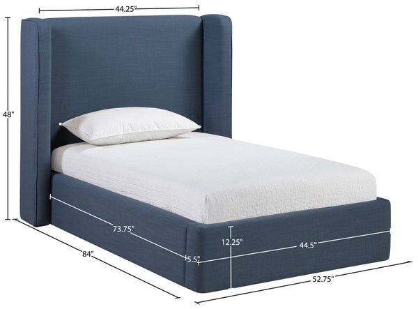 Meridian Furniture Kendall Winged Upholstered Twin Bed with Slatted Platform Base for Modern Bedrooms Navy Linen Textured Fabric B1282Navy-T