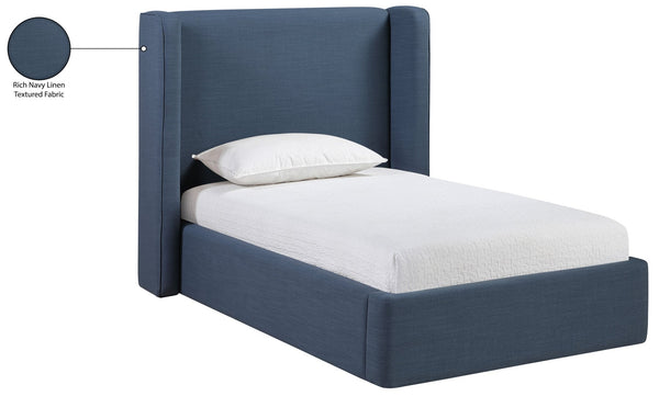 Meridian Furniture Kendall Winged Upholstered Twin Bed with Slatted Platform Base for Modern Bedrooms Navy Linen Textured Fabric B1282Navy-T